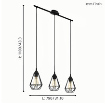 Závěsné svítidlo se třemi lampami a geometrickými stínidly, rozměry jsou zobrazeny