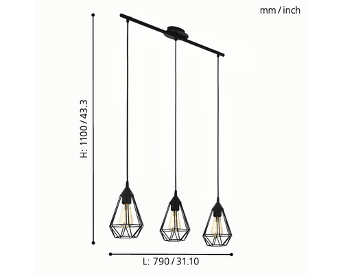 Závěsné svítidlo se třemi lampami a geometrickými stínidly, rozměry jsou zobrazeny