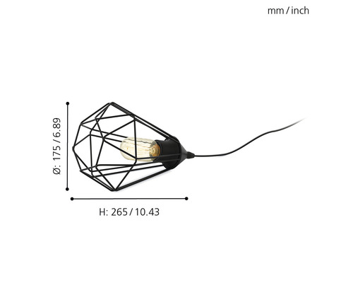 Závěsná lampa s černým drátěným rámem a žárovkou, zobrazené rozměry