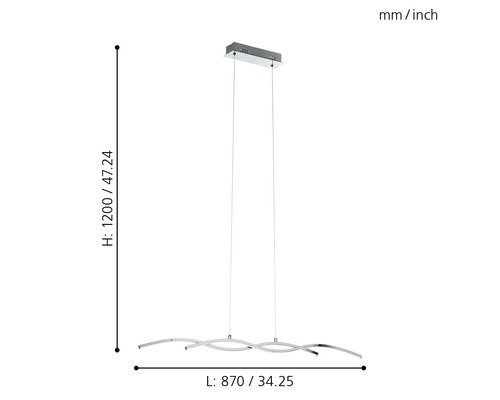 Rozměry závěsného svítidla se zvlněným designem a LED žárovkou