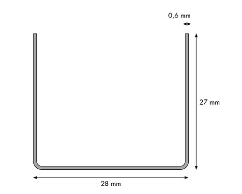 Technický nákres U-profilu s rozměry 28 mm šířka, 27 mm výška a 0,6 mm tloušťka materiálu