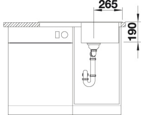 Nákres skříňky pod umyvadlo o rozměrech 265 x 190 milimetrů.