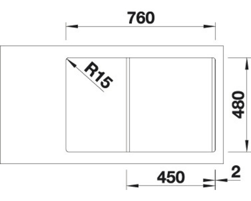 Technický nákres dřezu s rozměry: šířka 760 mm, hloubka 480 mm, rádius 15 mm