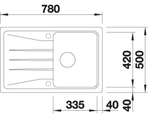 Nákres dřezu s rozměry.