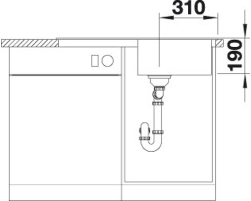 Technický nákres kuchyňského dřezu s rozměry