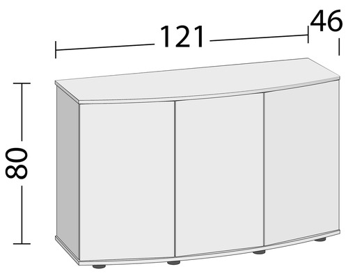 Obrázek rozměrů spodní skříňky se třemi dvířky: výška 80 centimetrů, šířka 121 centimetrů a hloubka 46 centimetrů