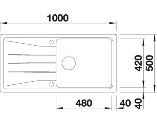 Technický nákres dřezu s rozměry.