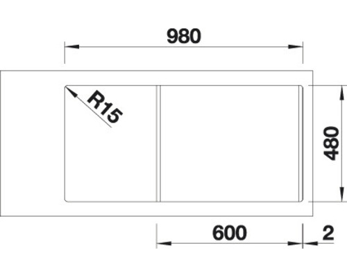 Technický nákres dřezu o rozměrech 980 x 480 mm