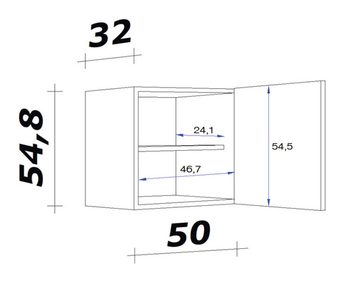 Technický výkres závěsné skříňky s rozměry