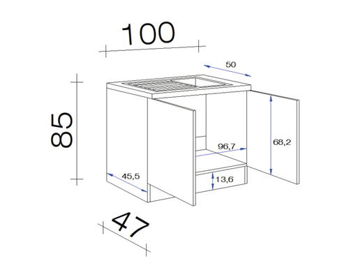 Technický nákres skříňky pod umyvadlo s rozměry