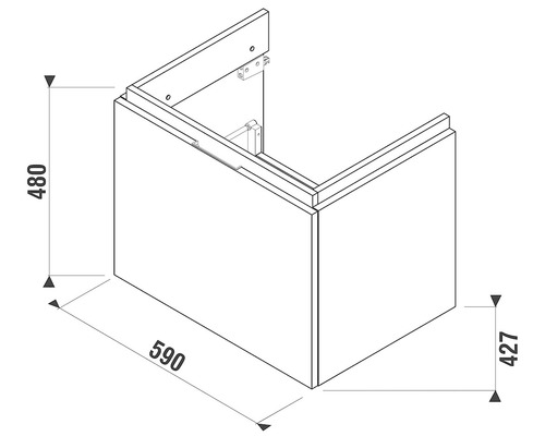 Nákres skříňky pod umyvadlo o rozměrech 590 x 480 x 427 mm