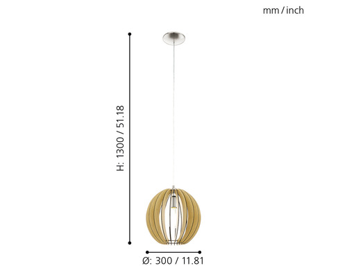 Závěsné svítidlo s kulovitým stínidlem a rozměry