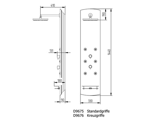 Rozměrový nákres sprchového panelu s hlavovou sprchou, masážními tryskami a armaturami