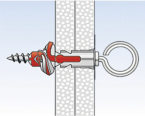 Hmoždinka do dutých stěn se šroubem a hákem pro upevnění na stěnu.