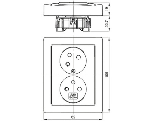Technický výkres dvojité zásuvky s rozměry