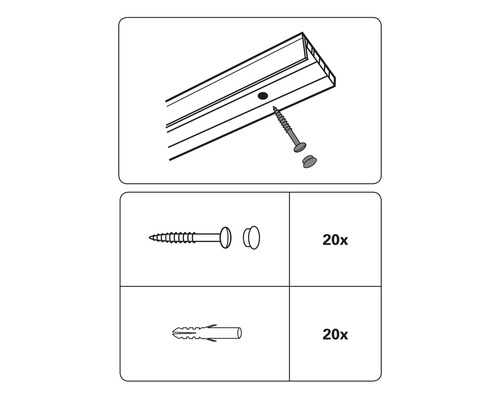 Ilustrace záclonové tyče se šrouby a hmoždinkami, 20 kusů