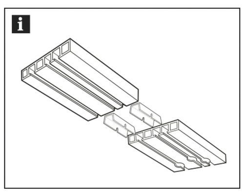 Ilustrace dvou plastových profilů a spojovacích kusů pro montáž
