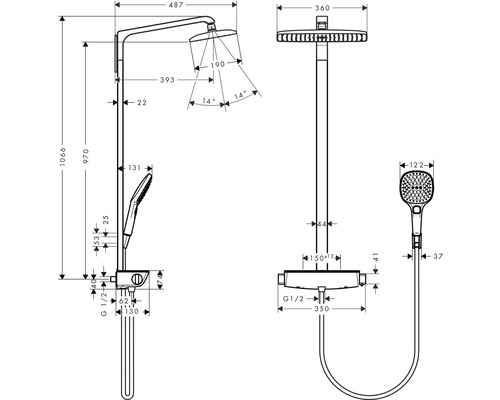 Technický výkres sprchové armatury s hlavovou sprchou, ruční sprchou a termostatem včetně rozměrů.