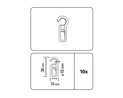 Balení deseti univerzálních háčků o rozměrech 38 krát 10 milimetrů