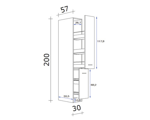 Technický výkres vysoké skříně s rozměry