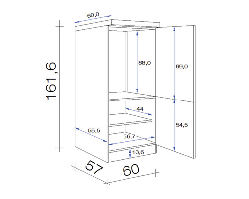 Technický nákres skříně s rozměry.