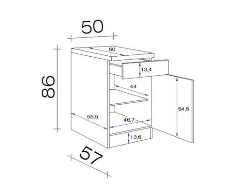 Technický nákres spodní skříňky se zásuvkou a dvířky s rozměry