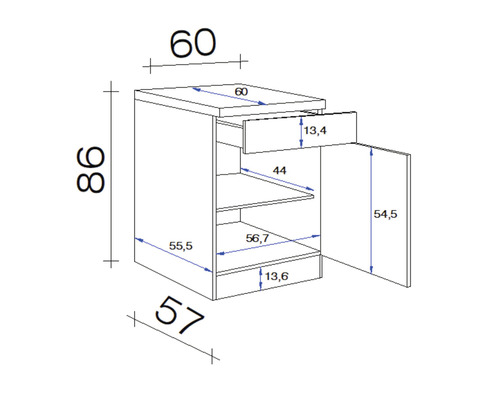 Technický nákres spodní skříňky se zásuvkou a dvířky a rozměry