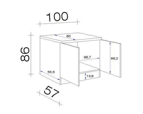Technický výkres skříňky pod umyvadlo s rozměry