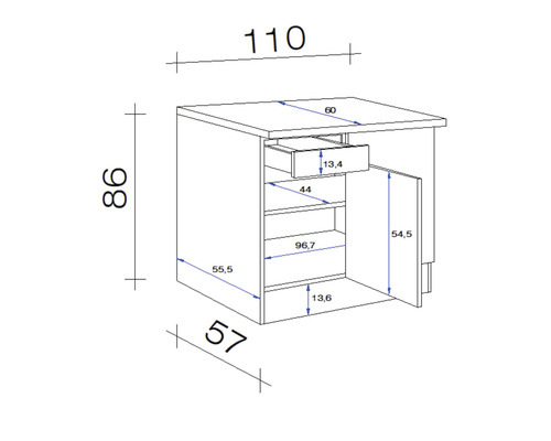 Rozměrový výkres spodní skříňky se zásuvkou a dvířky