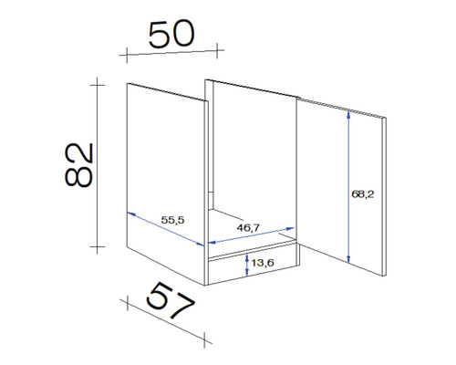 Technický nákres spodní skříňky s rozměry.