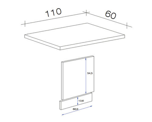 Technický nákres umyvadla o rozměrech 110 x 60 centimetrů pro desku a 54,5 x 60 centimetrů pro panel.