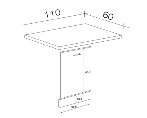 Technický nákres kusu nábytku s rozměry