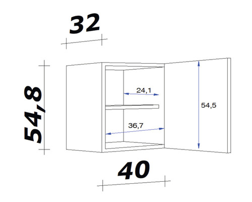 Technický nákres závěsné skříňky s rozměry