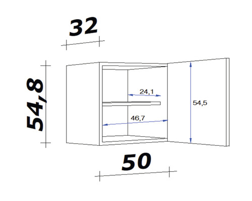 Nákres závěsné skříňky o rozměrech 32 x 54,8 x 50 centimetrů