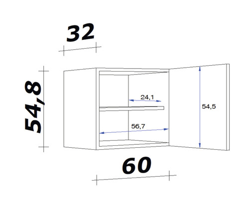 Technický nákres závěsné skříňky s rozměry.
