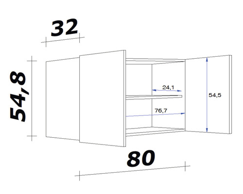 Technický nákres závěsné skříňky s rozměry.