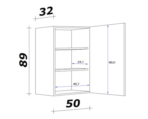 Technický nákres závěsné skříňky s rozměry