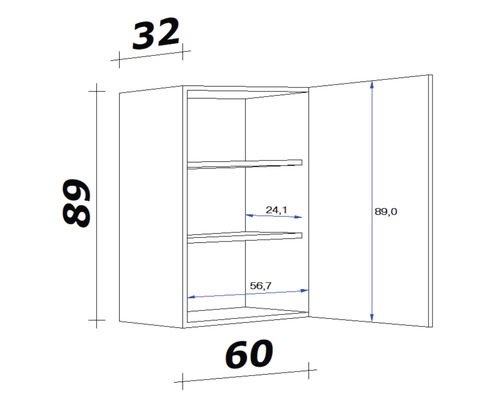 Technický nákres závěsné skříňky s rozměry