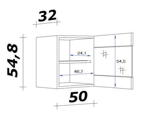 Technický nákres závěsné skříňky o rozměrech 32 x 54,8 x 50 cm.
