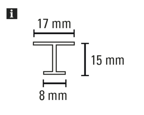 Technický výkres T-profilu o rozměrech 17 mm, 15 mm a 8 mm.