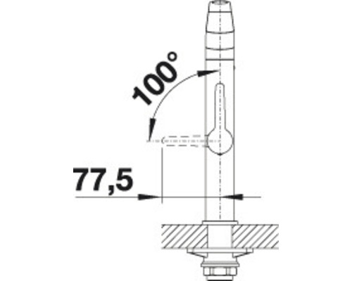 Technický nákres armatury s rozměry 77,5 a 100 stupňů