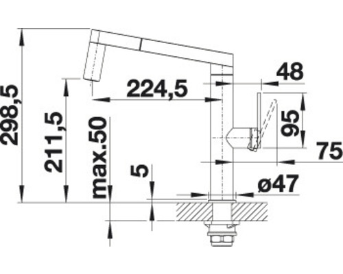 Technický výkres kuchyňské baterie s rozměry