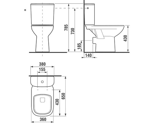 Technický nákres stojícího WC s rozměry