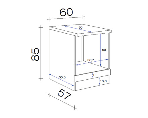 Technický nákres spodní skříňky s rozměry.