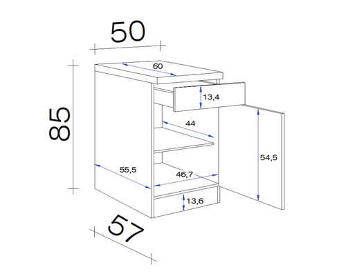 Technický nákres spodní skříňky se zásuvkou a dvířky s rozměry