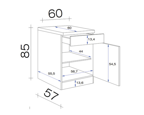 Technický nákres spodní skříňky se zásuvkou a dvířky s rozměry