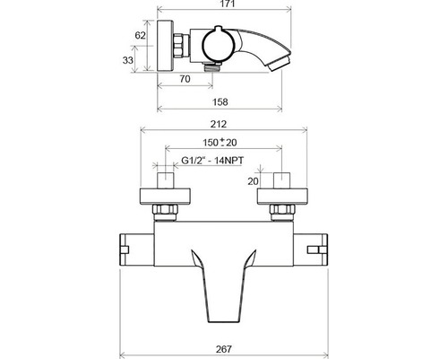 Technický výkres vodovodní baterie s rozměry.