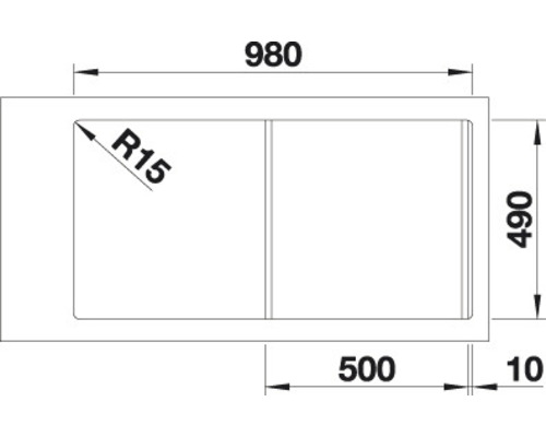 Technický nákres dřezu o rozměrech 980 x 490 milimetrů