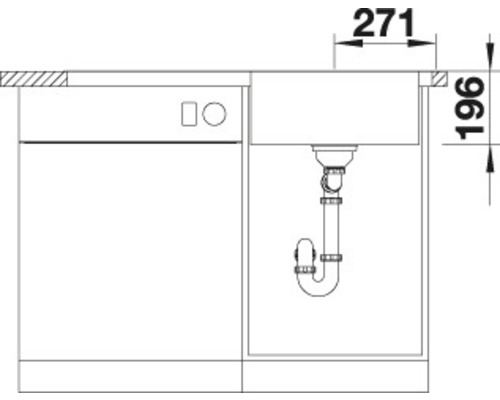 Nákres dřezu s rozměry, včetně sifonu