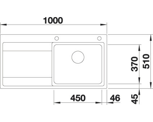 Technický nákres dřezu s rozměry.